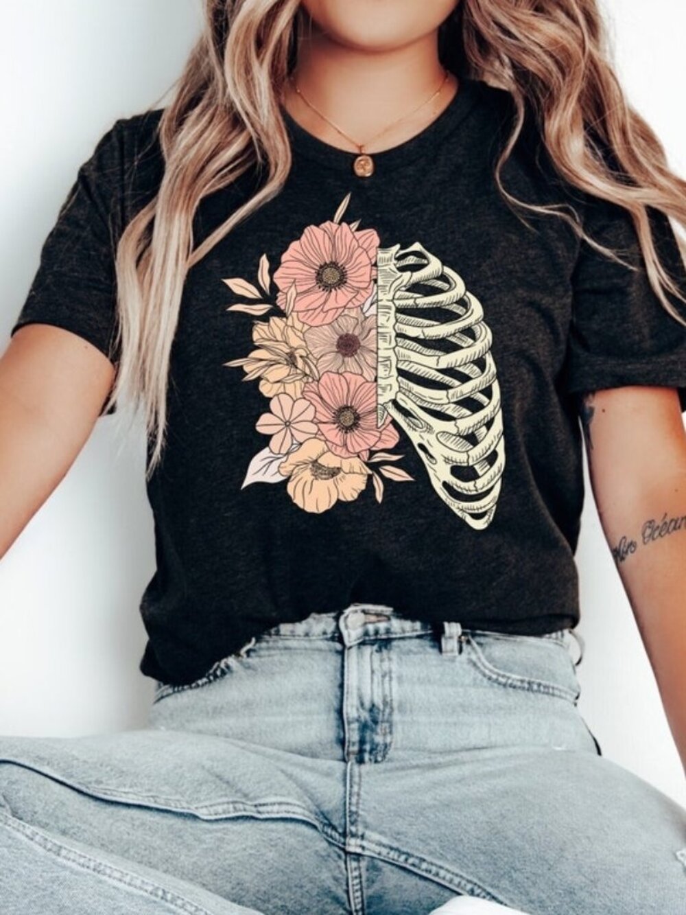 Floral Rib Cage Skull T-shirt, Boho Vintage Skeleton Tee